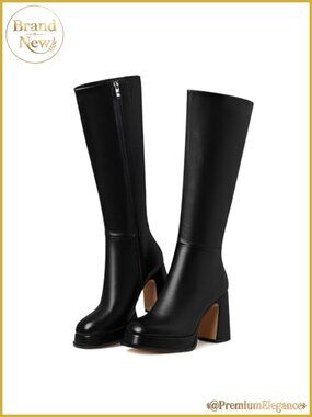 Faux Leather Knee High Platform Boots Chunky Heel Side Zip Women's